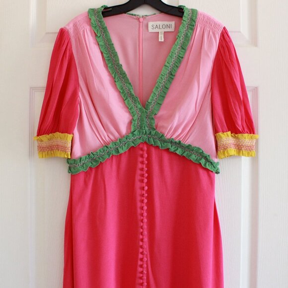 SALONI Lea Color-block Ruffled Smocked Crepe Maxi Dress Pink Green - Picture 4 of 12
